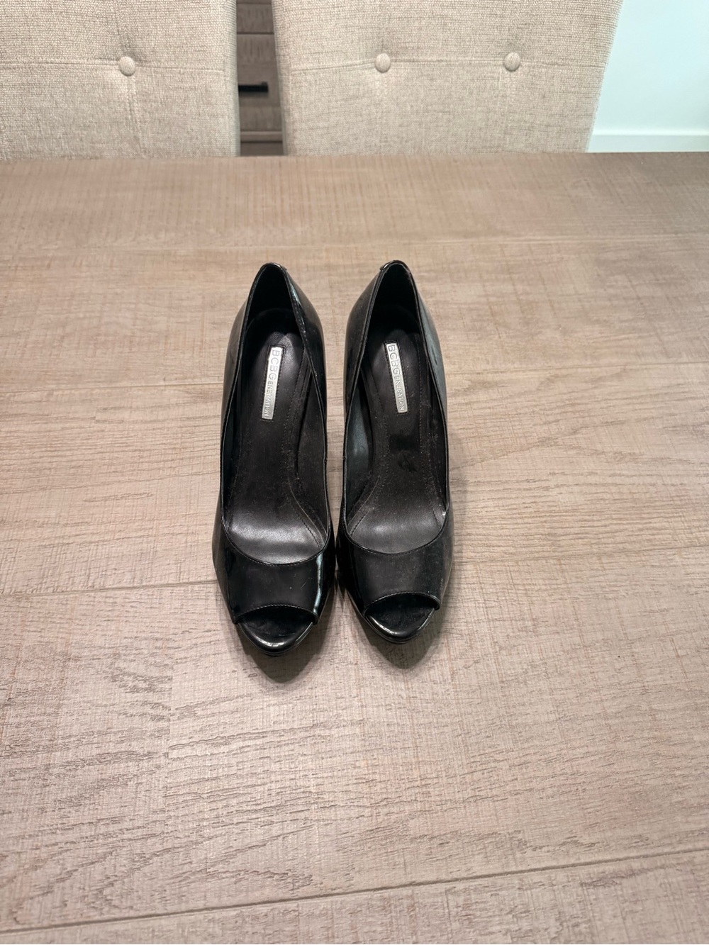 BCBG Black Patent Peep-Toe Pumps